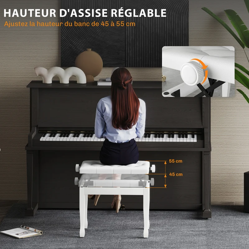 Banc de piano réglable assise capitonnée 64 x 35 x 45-55 cm confort mousse haute densité classique élégant en bois blanc 21_0008050