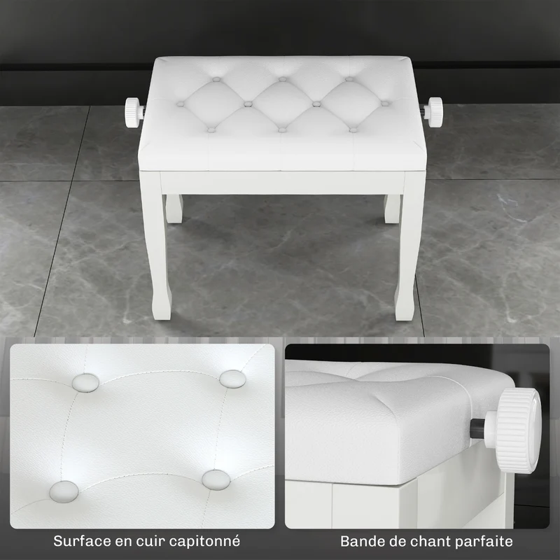 Banc de piano réglable assise capitonnée 64 x 35 x 45-55 cm confort mousse haute densité classique élégant en bois blanc 21_0008050