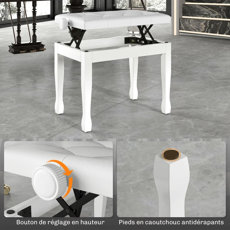 Banc de piano réglable assise capitonnée 64 x 35 x 45-55 cm confort mousse haute densité classique élégant en bois blanc 21_0008050