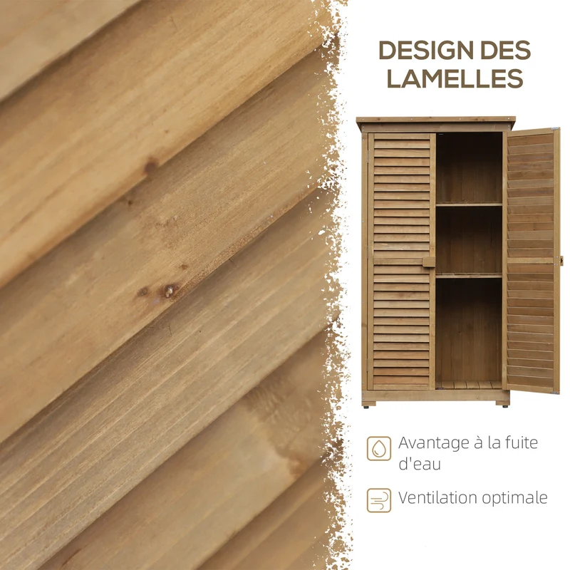 Armoire de jardin remise extérieure 87 x 47 x 160 cm 2 étagères portes persiennes ventilées rustique en bois naturel 21_0004126
