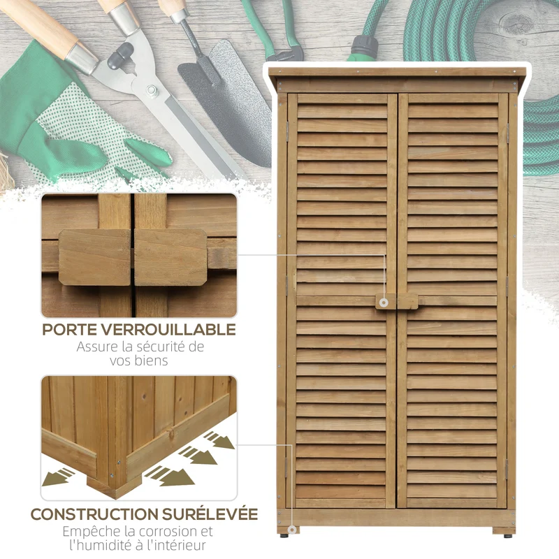 Armoire de jardin remise extérieure 87 x 47 x 160 cm 2 étagères portes persiennes ventilées rustique en bois naturel 21_0004126