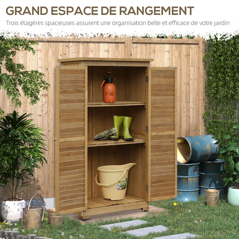 Armoire de jardin remise extérieure 87 x 47 x 160 cm 2 étagères portes persiennes ventilées rustique en bois naturel 21_0004126