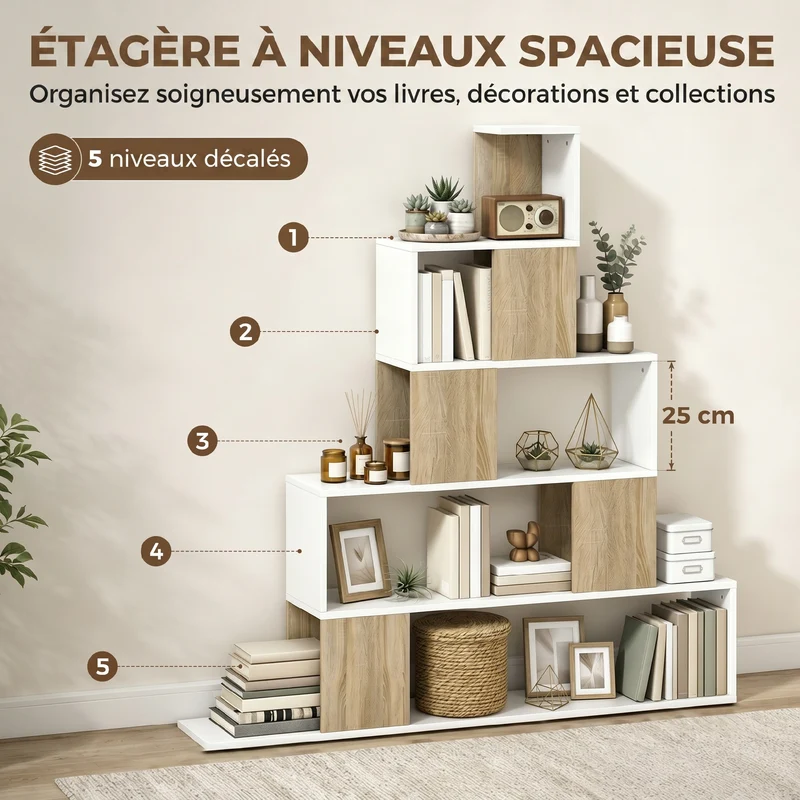 Étagère escalier de rangement 120 x 22 x 131,5 cm gain de place sécurisée design moderne en panneau de particules blanc 21_0003002