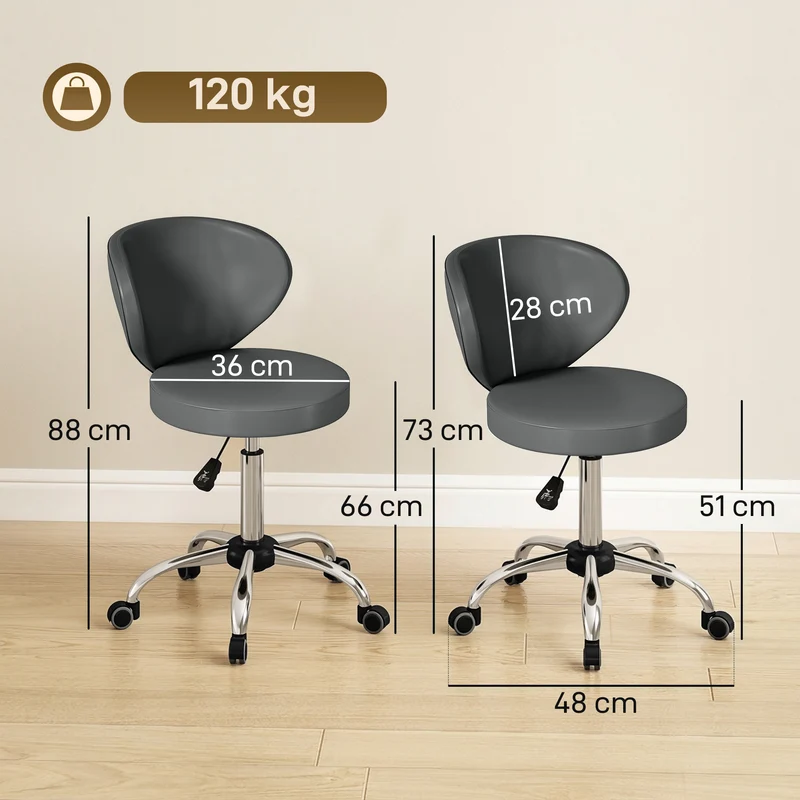 Tabouret à roulettes salon 45 x 54 x 73-88 cm dossier incurvé soutien lombaire pivotant 360° moderne épuré en PU gris 21_0000773