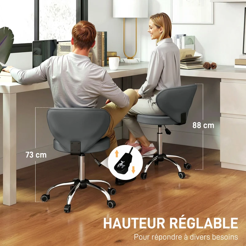 Tabouret à roulettes salon 45 x 54 x 73-88 cm dossier incurvé soutien lombaire pivotant 360° moderne épuré en PU gris 21_0000773