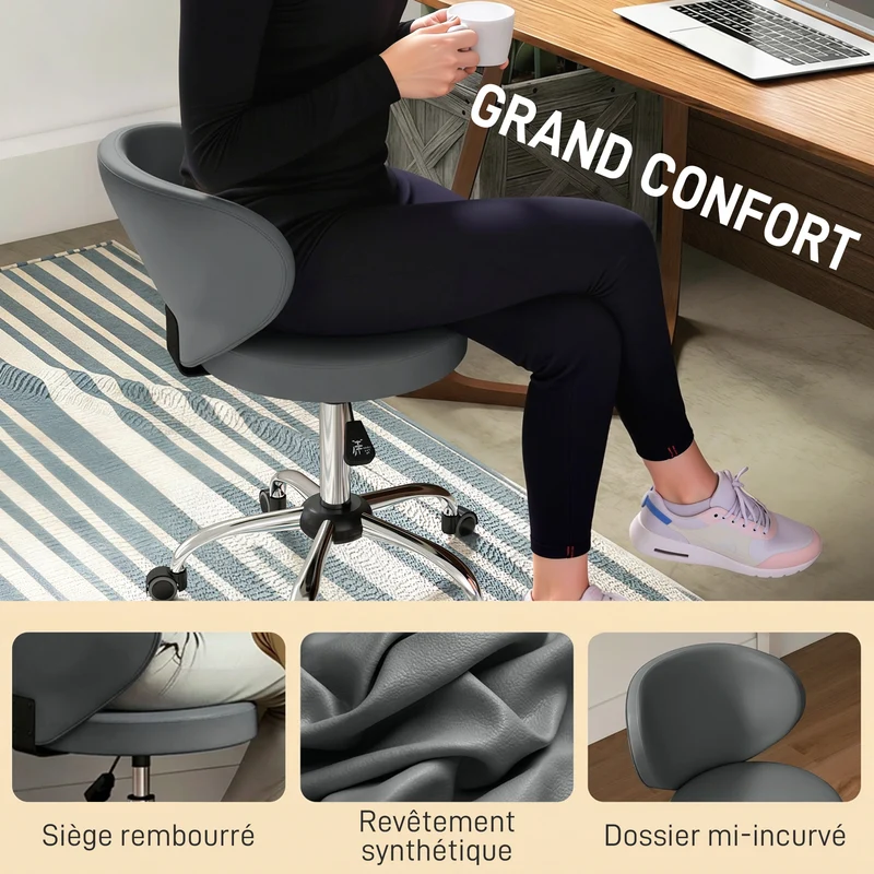 Tabouret à roulettes salon 45 x 54 x 73-88 cm dossier incurvé soutien lombaire pivotant 360° moderne épuré en PU gris 21_0000773