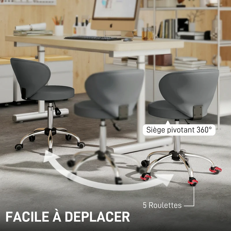 Tabouret à roulettes salon 45 x 54 x 73-88 cm dossier incurvé soutien lombaire pivotant 360° moderne épuré en PU gris 21_0000773