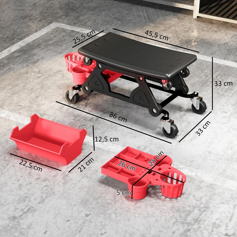 Tabouret d'atelier mobile 86 x 33 x 33 cm assise ergonomique roulettes 360° rangement style industriel en plastique rouge 21_0007179