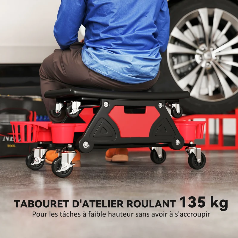 Tabouret d'atelier mobile 86 x 33 x 33 cm assise ergonomique roulettes 360° rangement style industriel en plastique rouge 21_0007179