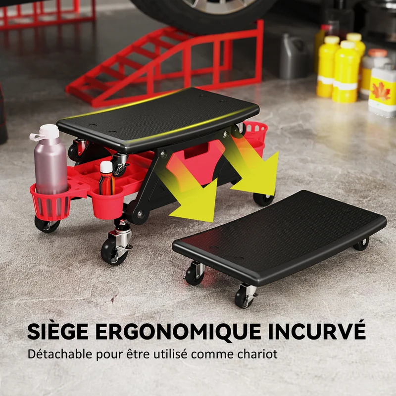Tabouret d'atelier mobile 86 x 33 x 33 cm assise ergonomique roulettes 360° rangement style industriel en plastique rouge 21_0007179