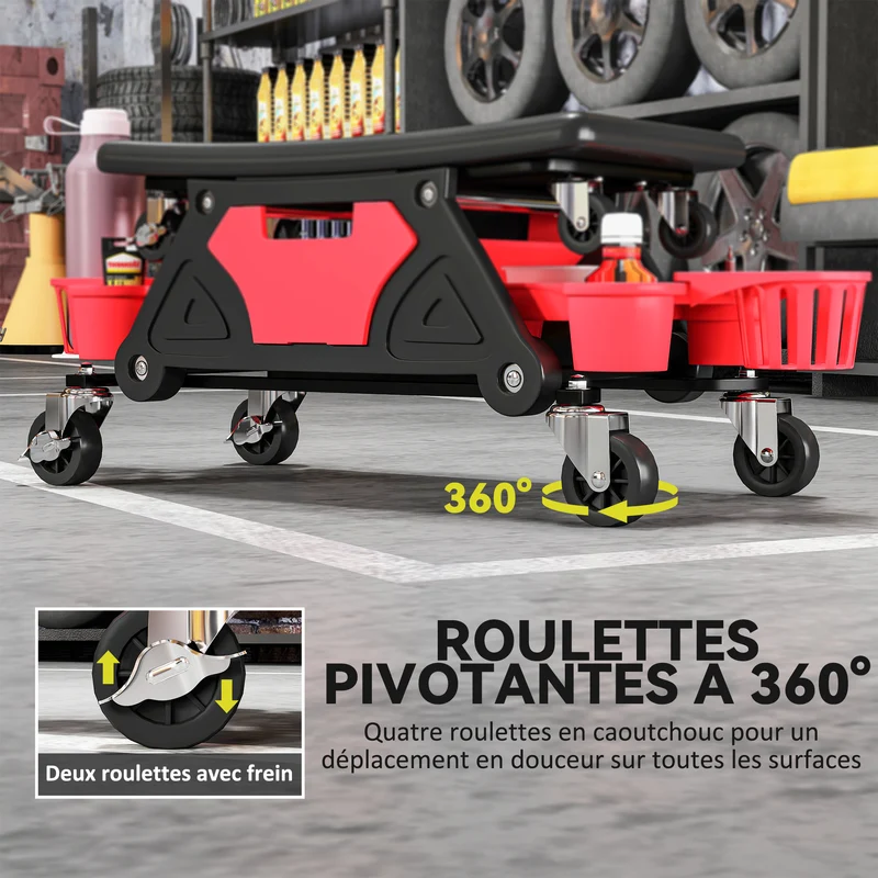 Tabouret d'atelier mobile 86 x 33 x 33 cm assise ergonomique roulettes 360° rangement style industriel en plastique rouge 21_0007179