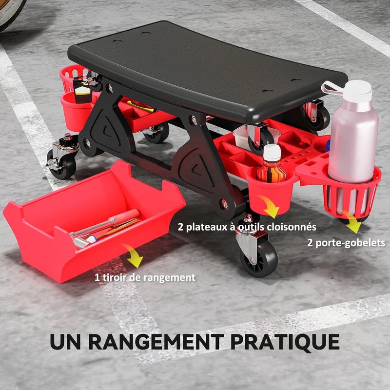 Tabouret d'atelier mobile 86 x 33 x 33 cm assise ergonomique roulettes 360° rangement style industriel en plastique rouge 21_0007179