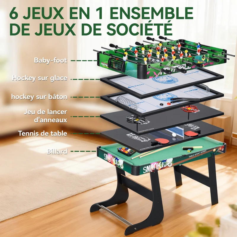 Table multi-jeux 6 en 1 de loisirs 118 x 104 x 71 cm pliable gain de place moderne tendance pour salon en MDF marron 21_0006649