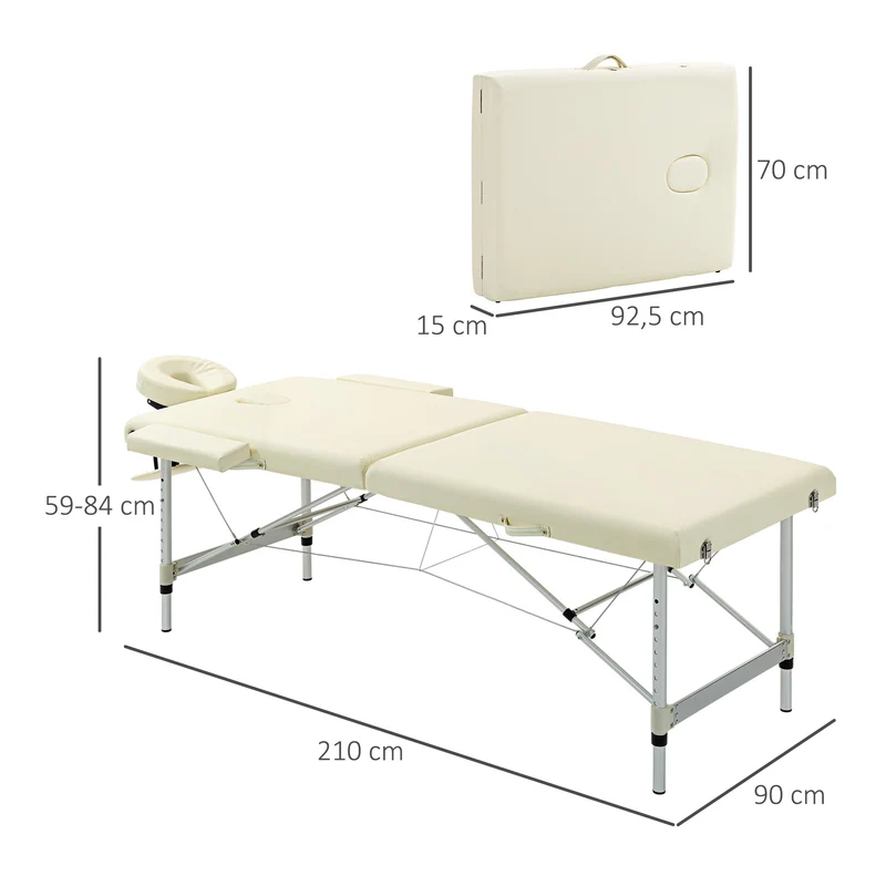 Table de massage portable pliable 210 x 90 x 59-84 cm hauteur réglable supporte 225 kg moderne épuré en aluminium crème 21_0000811