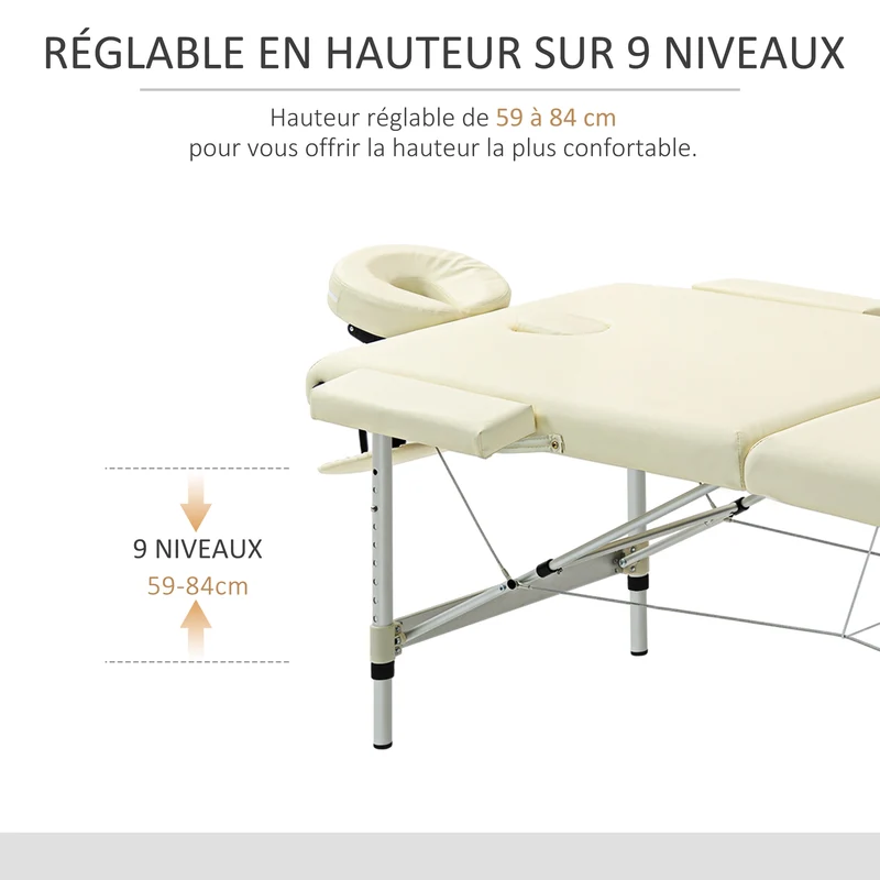 Table de massage portable pliable 210 x 90 x 59-84 cm hauteur réglable supporte 225 kg moderne épuré en aluminium crème 21_0000811