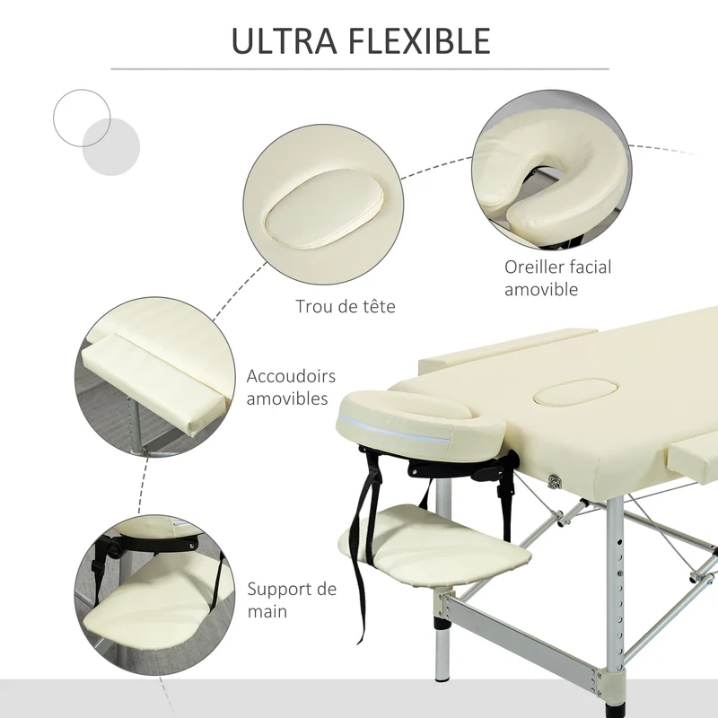 Table de massage portable pliable 210 x 90 x 59-84 cm hauteur réglable supporte 225 kg moderne épuré en aluminium crème 21_0000811