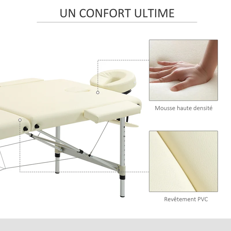 Table de massage portable pliable 210 x 90 x 59-84 cm hauteur réglable supporte 225 kg moderne épuré en aluminium crème 21_0000811