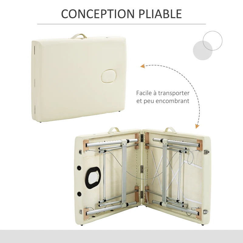 Table de massage portable pliable 210 x 90 x 59-84 cm hauteur réglable supporte 225 kg moderne épuré en aluminium crème 21_0000811