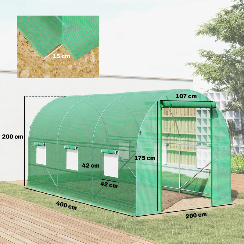 Serre tunnel de jardin 400 x 200 x 200 cm protection hivernale ventilation réglable design moderne en polyéthylène vert 21_0004057