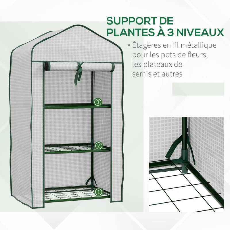 Serre de jardin compacte 3 étagères 59 x 39 x 127 cm protection anti uv bonne aération balcon moderne en plastique blanc 21_0005440