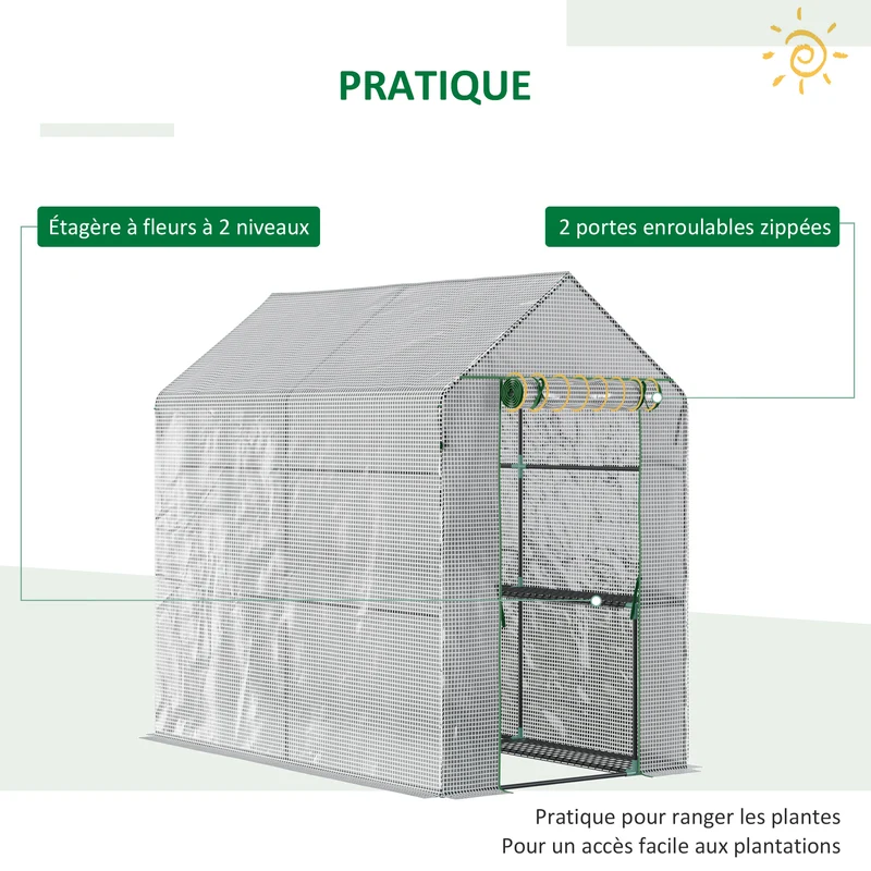 Serre de jardin 2 étagères 186 x 120 x 190 cm protection anti-uv porte zippée contemporain en polyéthylène transparent 21_0004142