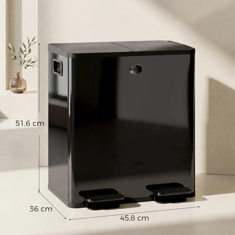 Poubelle de cuisine 2 compartiments 45.8 x 36 x 51.6 cm fermeture douce seaux amovibles moderne en acier inoxydable noir 21_0005903