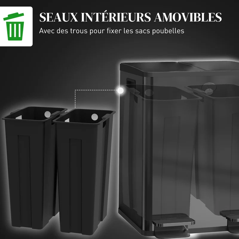 Poubelle de cuisine 2 compartiments 45.8 x 36 x 51.6 cm fermeture douce seaux amovibles moderne en acier inoxydable noir 21_0005903