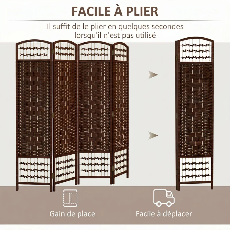 Paravent séparateur de pièce pliable 4 panneaux 160 x 170 cm intimité modulable mobile et moderne épuré en bois marron 21_0001271
