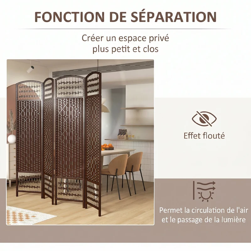 Paravent séparateur de pièce pliable 4 panneaux 160 x 170 cm intimité modulable mobile et moderne épuré en bois marron 21_0001271