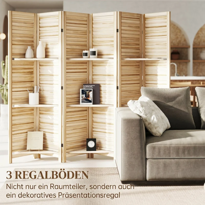 Paravent intérieur 6 panneaux séparateur pliable stable 240 x 1,9 x 170 cm avec 3 étagères style rustique en bois naturel 21_0001228