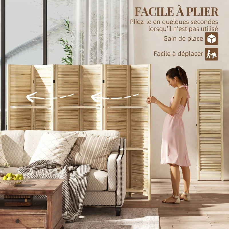 Paravent intérieur 6 panneaux séparateur pliable stable 240 x 1,9 x 170 cm avec 3 étagères style rustique en bois naturel 21_0001228