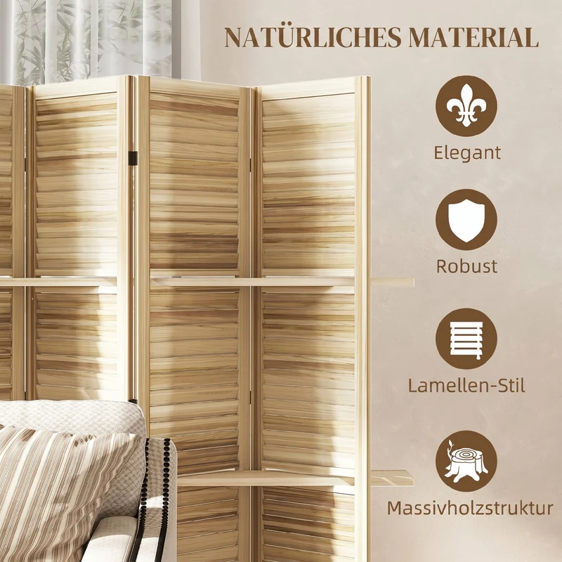 Paravent intérieur 6 panneaux séparateur pliable stable 240 x 1,9 x 170 cm avec 3 étagères style rustique en bois naturel 21_0001228