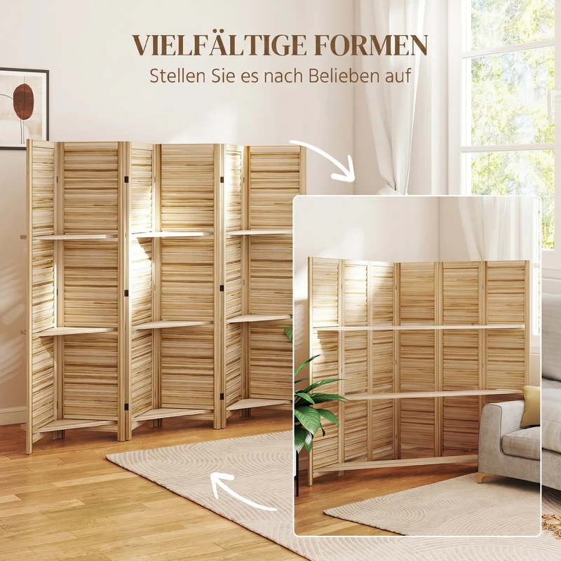 Paravent intérieur 6 panneaux séparateur pliable stable 240 x 1,9 x 170 cm avec 3 étagères style rustique en bois naturel 21_0001228