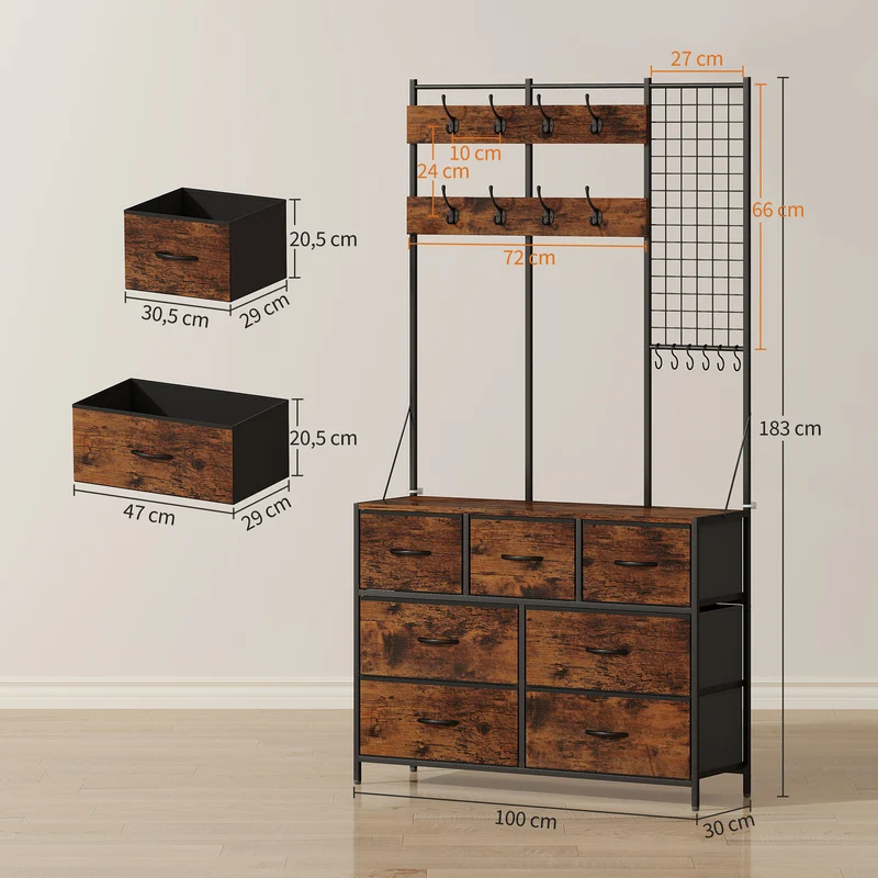 Meuble d'entrée vestiaire 100 x 30 x 183 cm rangement 7 tiroirs compact industriel en panneau de particules brun rustique 21_0002778