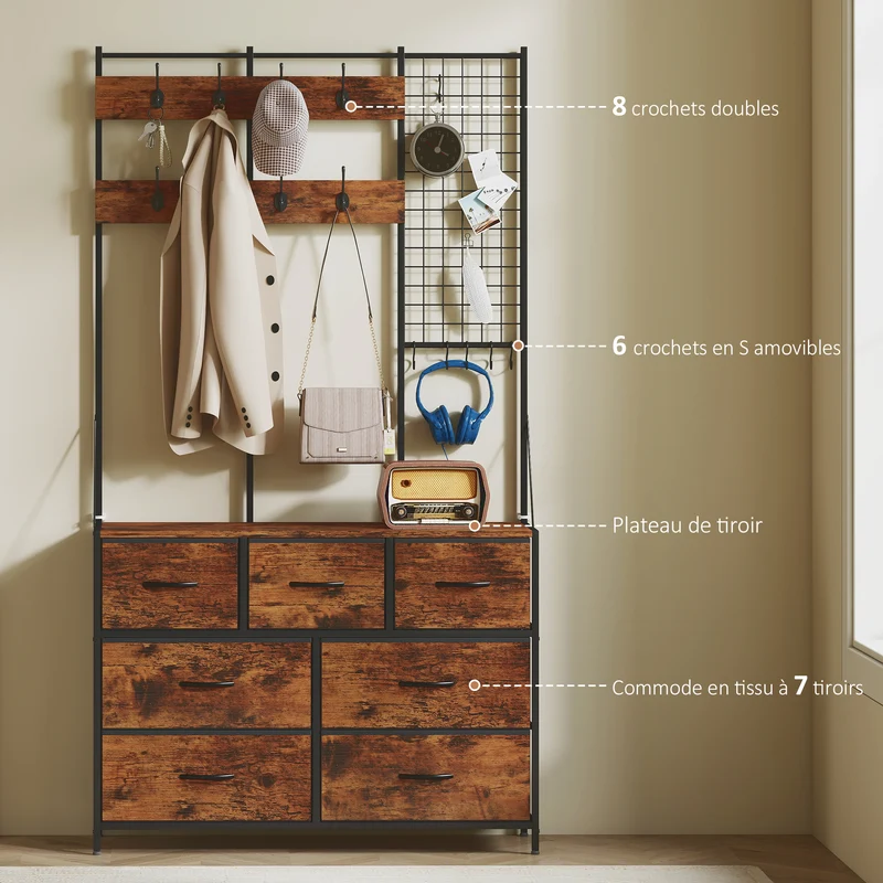 Meuble d'entrée vestiaire 100 x 30 x 183 cm rangement 7 tiroirs compact industriel en panneau de particules brun rustique 21_0002778