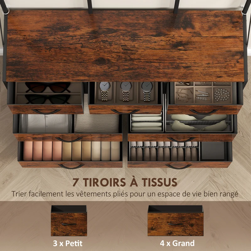 Meuble d'entrée vestiaire 100 x 30 x 183 cm rangement 7 tiroirs compact industriel en panneau de particules brun rustique 21_0002778