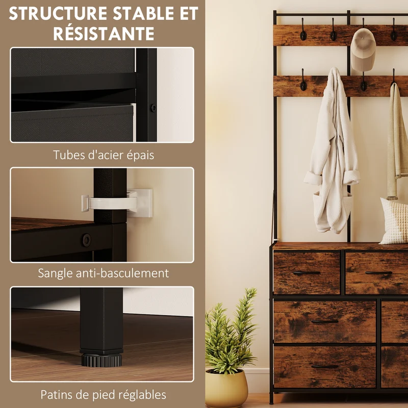 Meuble d'entrée vestiaire 100 x 30 x 183 cm rangement 7 tiroirs compact industriel en panneau de particules brun rustique 21_0002778