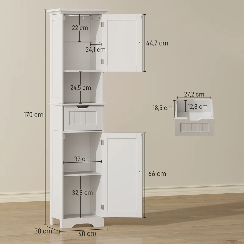 Meuble colonne salle de bain 40 x 30 x 170 cm éclairage led détecteur rangement slim tiroir compact moderne en MDF blanc 21_0002129