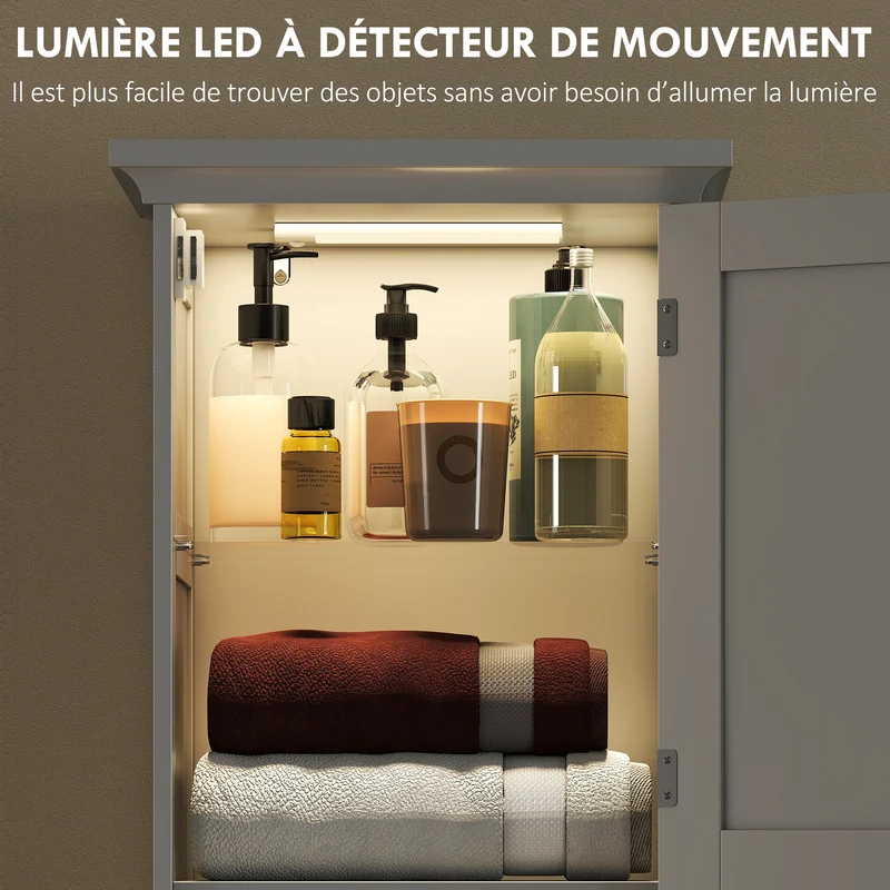 Meuble colonne salle de bain 40 x 30 x 170 cm éclairage led détecteur rangement slim tiroir compact moderne en MDF blanc 21_0002129