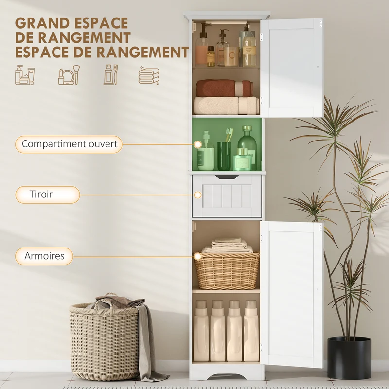 Meuble colonne salle de bain 40 x 30 x 170 cm éclairage led détecteur rangement slim tiroir compact moderne en MDF blanc 21_0002129