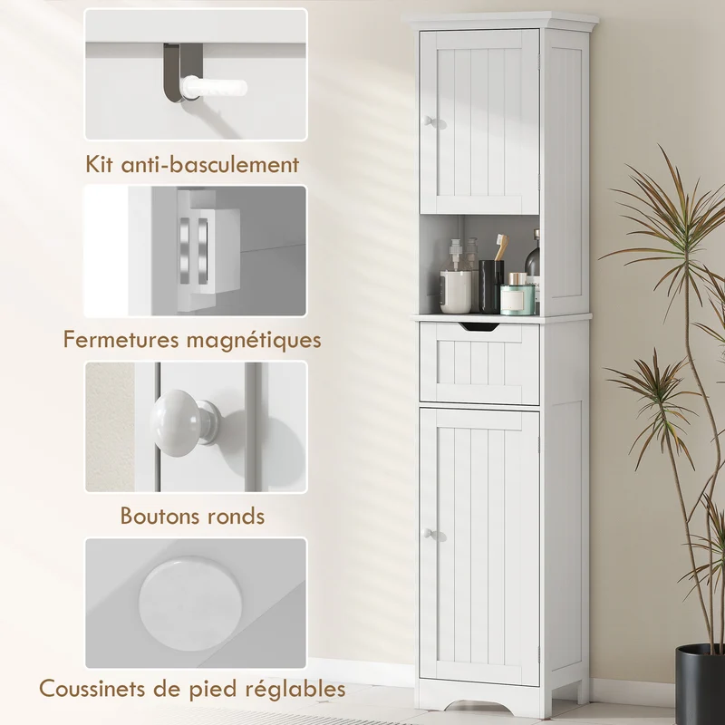 Meuble colonne salle de bain 40 x 30 x 170 cm éclairage led détecteur rangement slim tiroir compact moderne en MDF blanc 21_0002129