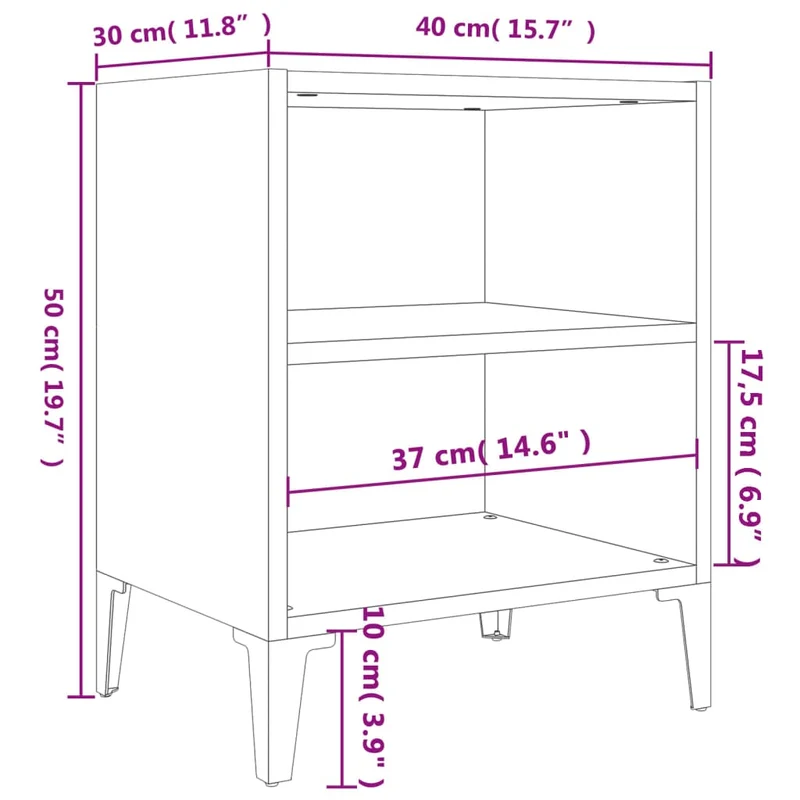 Table de chevet 2 étagères avec pieds en métal 40 x 30 x 50 cm bois d'ingénierie gris DEC033255