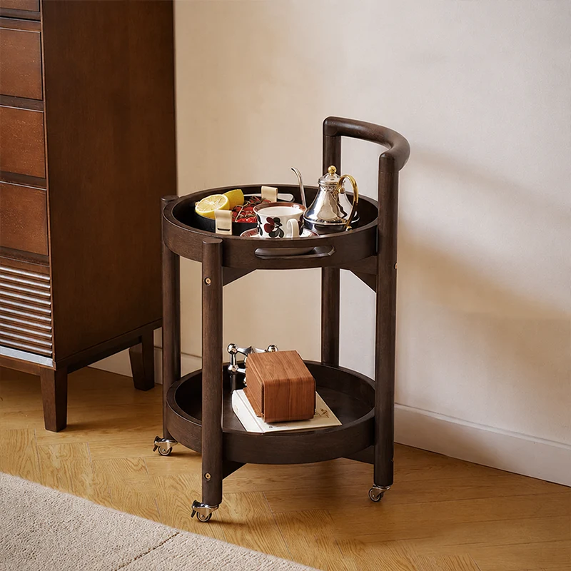 Traditional Vintage Round Rubberwood Tray Top End Table 2-Tier Rolling Cart For Living Room