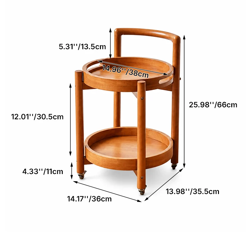 Traditional Vintage Round Rubberwood Tray Top End Table 2-Tier Rolling Cart For Living Room