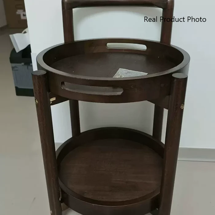 Traditional Vintage Round Rubberwood Tray Top End Table 2-Tier Rolling Cart For Living Room