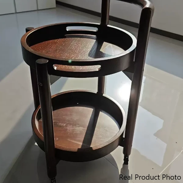 Traditional Vintage Round Rubberwood Tray Top End Table 2-Tier Rolling Cart For Living Room