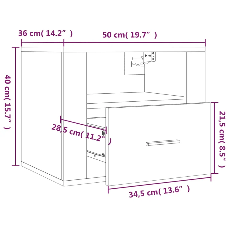 Table de chevet murale avec tiroir et compartiment ouvert 50 x 36 x 40 cm bois d'ingénierie gris DEC034303