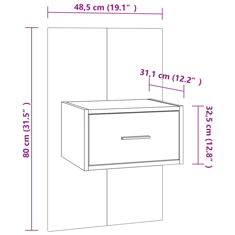 Table de chevet murale avec tiroir 48,5 x 32,5 x 80 cm en bois d'ingénierie couleur chêne DEC034279