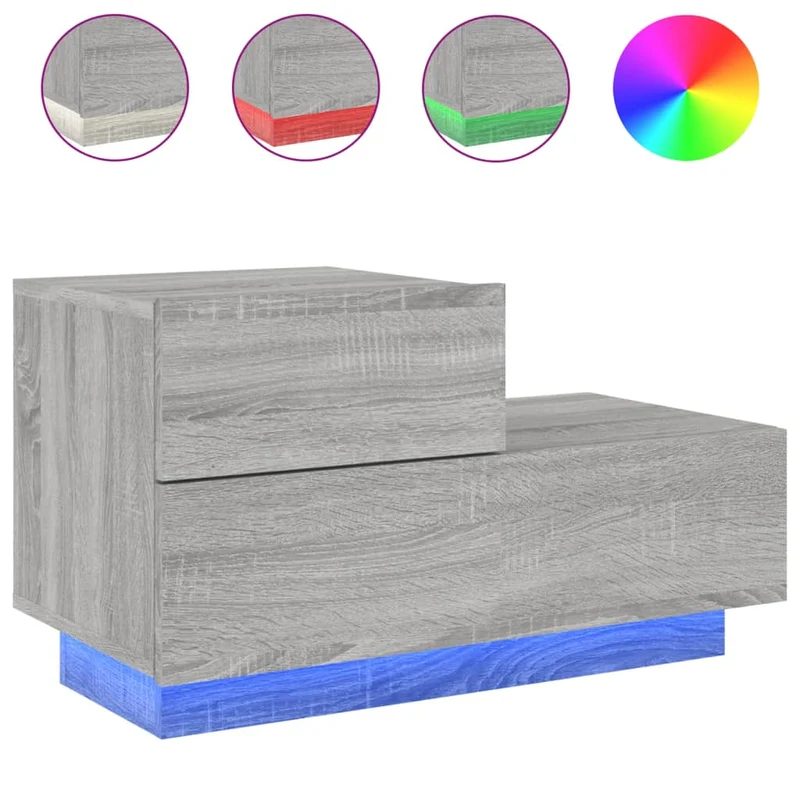 Table de chevet avec lumières LED et tiroirs 70x36x40,5 cm bois d'ingénierie gris DEC033200
