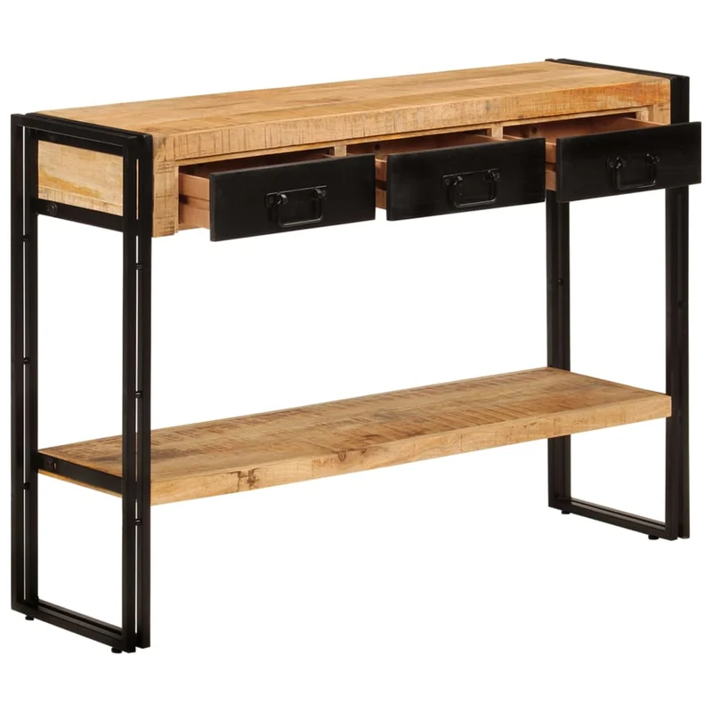 Table console meuble d'entrée avec tiroirs et étagère 110 x 30 x 76 cm bois de manguier et fer noir DEC031515
